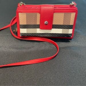 Red Crossbody Bag with Classic Plaid Print